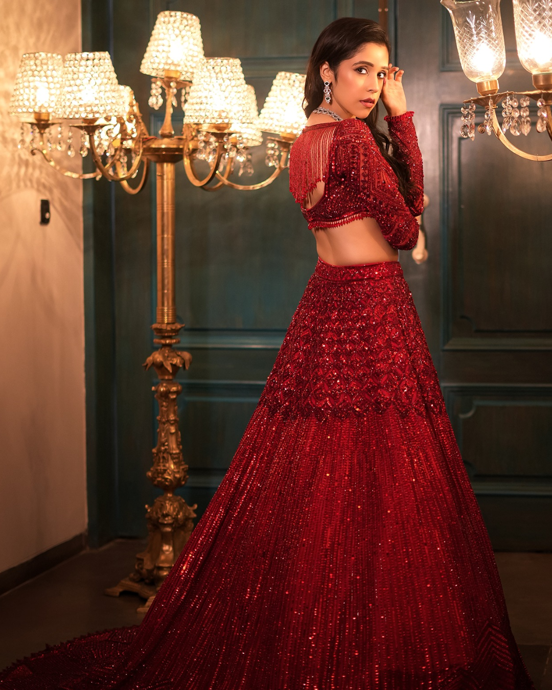 Isa by Dolly Wahal - Deep Red Net Sequins & Crystal Embroidered Lehenga Set