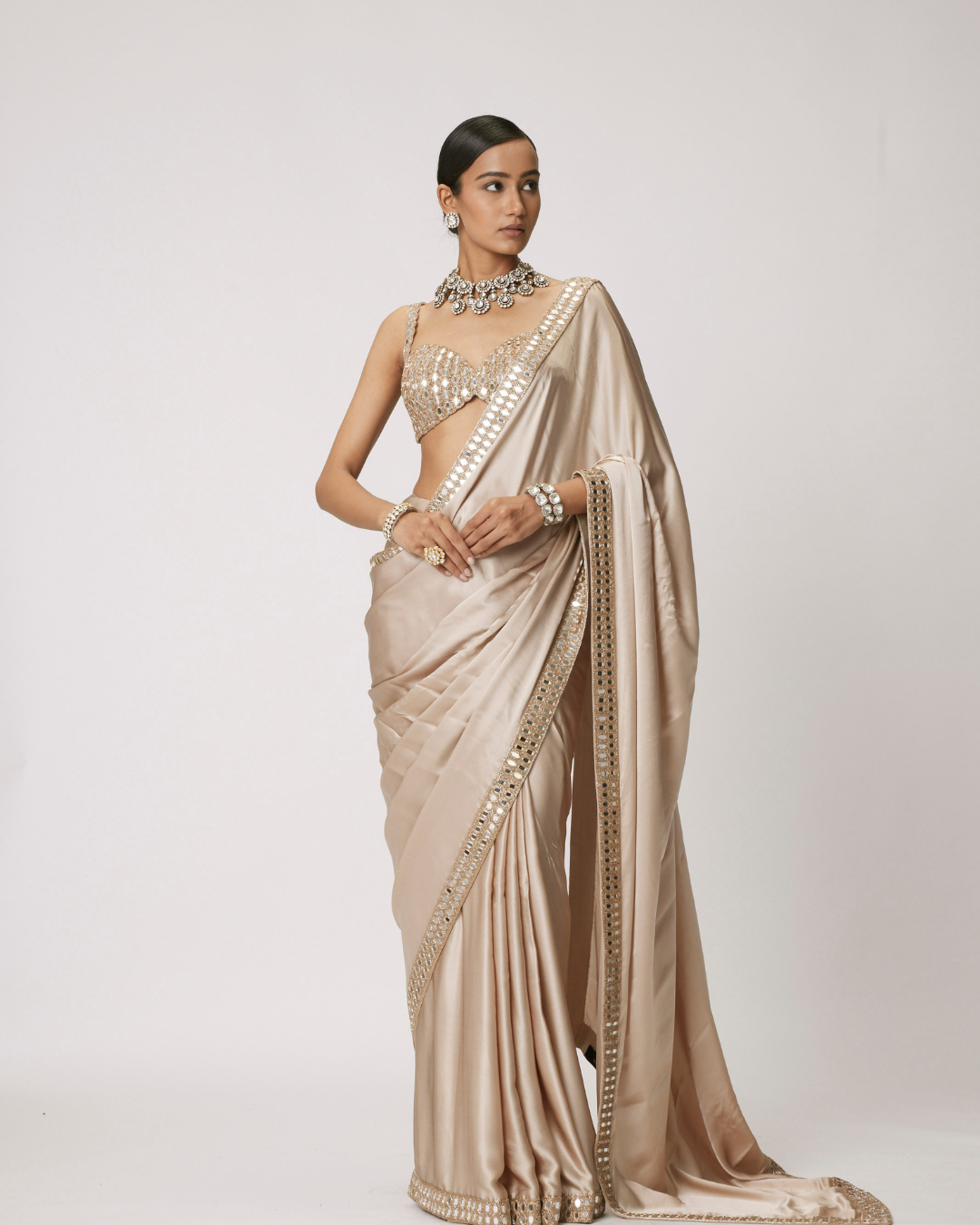 LIGHT BEIGE SATIN SAREE SET - Jugmug Bride by Vvani Vats