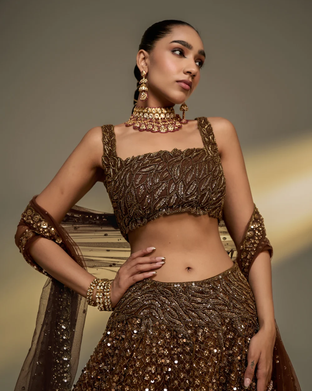 Prevasu - Copper Gold Corset Lehenga Set From The Mocha Edit
