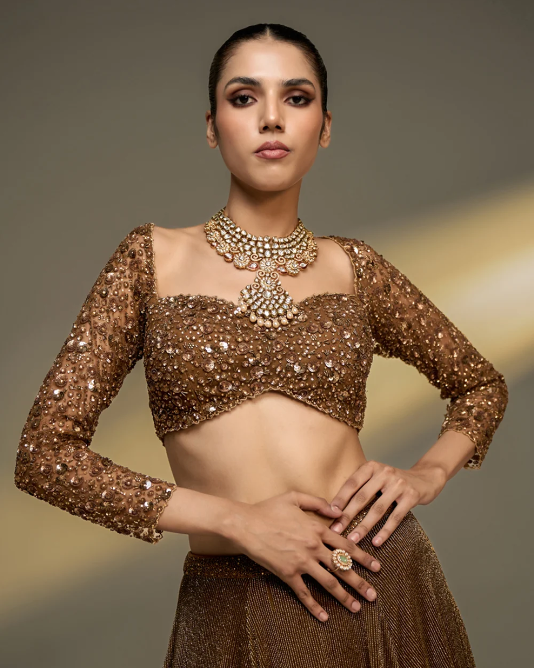 Prevasu - Copper Gold Lehenga Set From The Mocha Edit