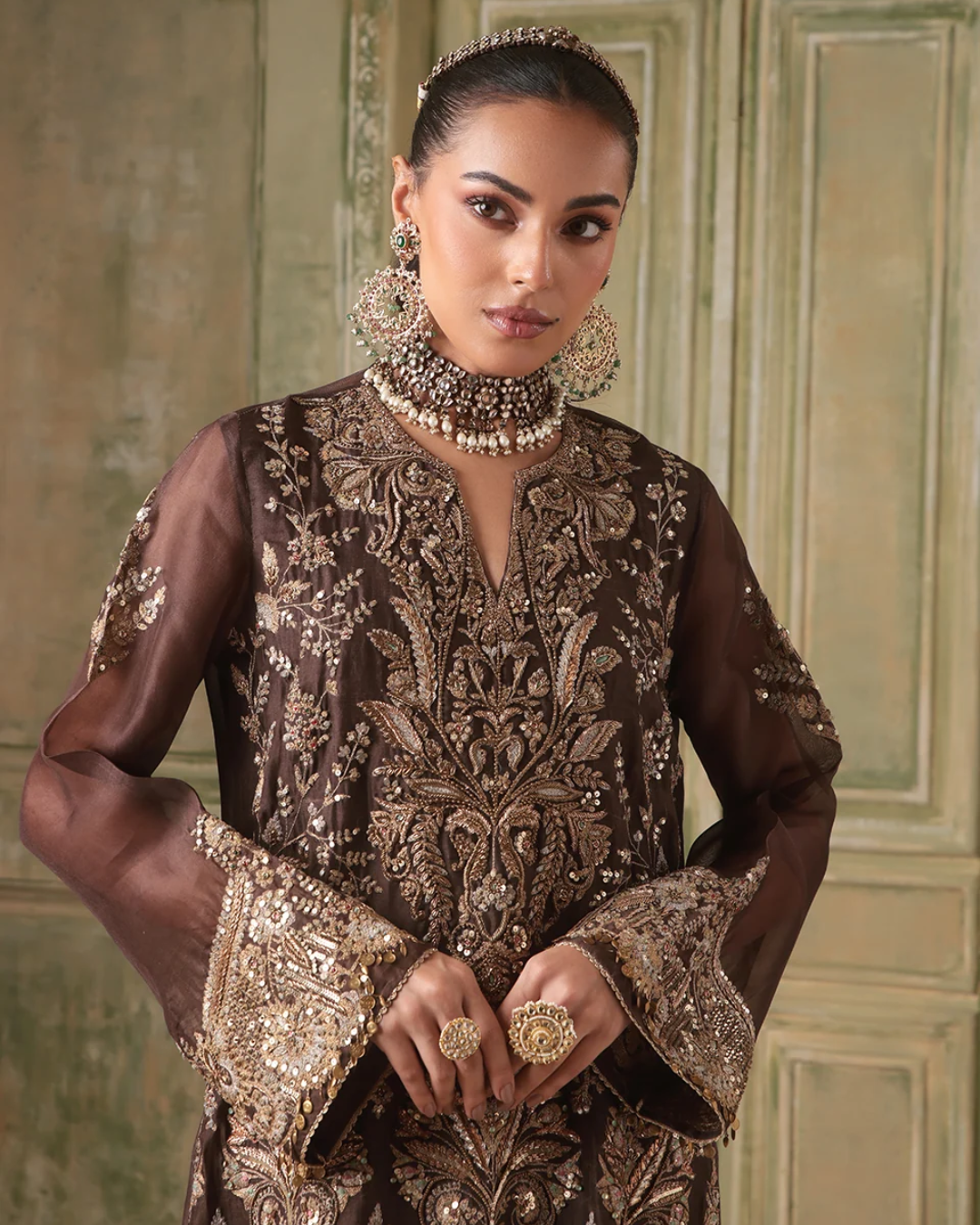 Niti Bothra - Zar-Rang Brown Heavy Jaal Kaftan Set