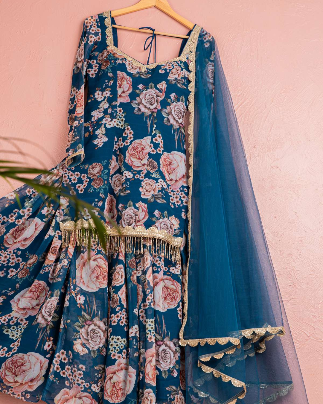 Anisha Shetty - Bahama Blue Floral Sharara With Kurta Set