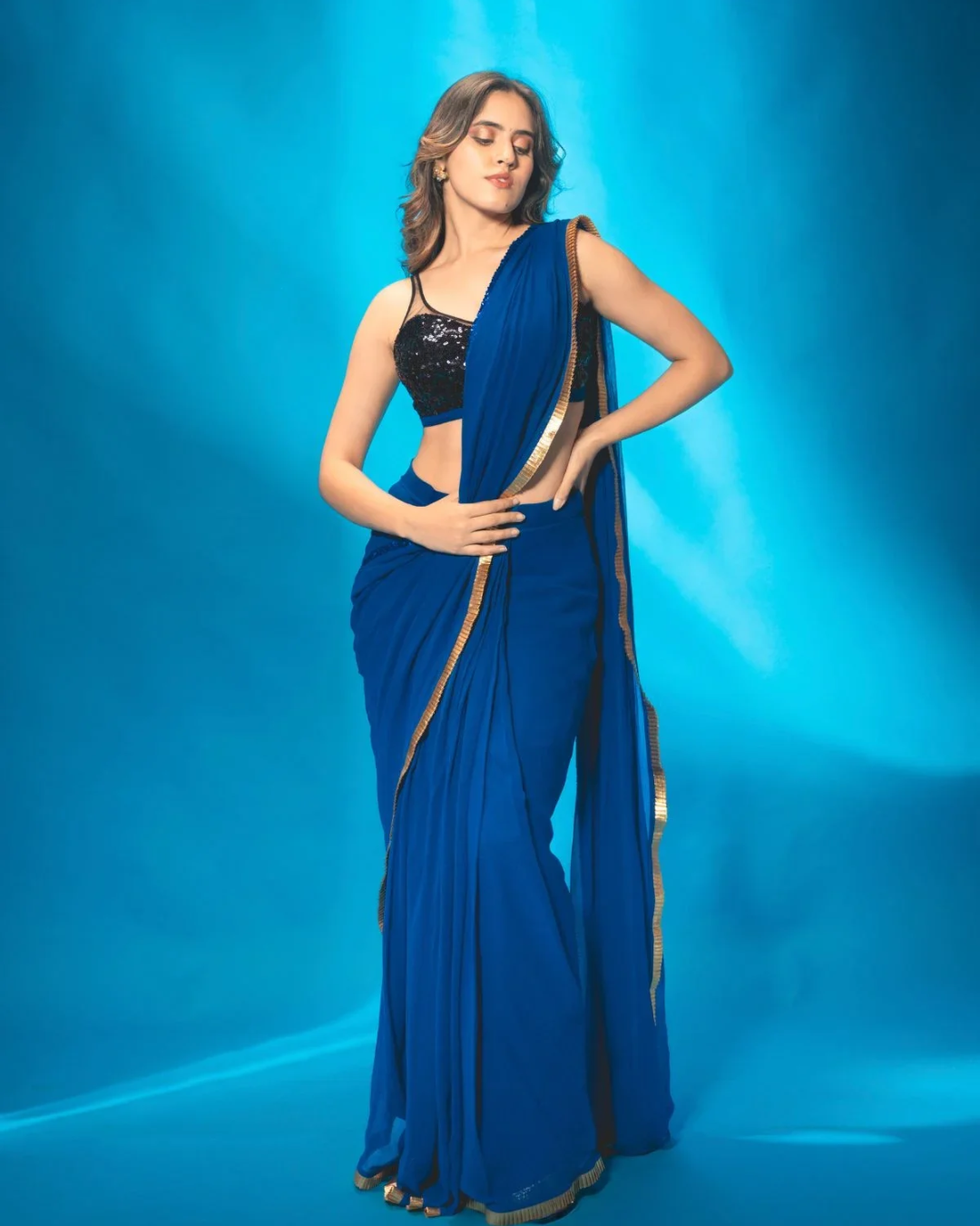 Anisha Shetty - Blue Pre Stitched Saree With Black Sequin Blouse From Rangin