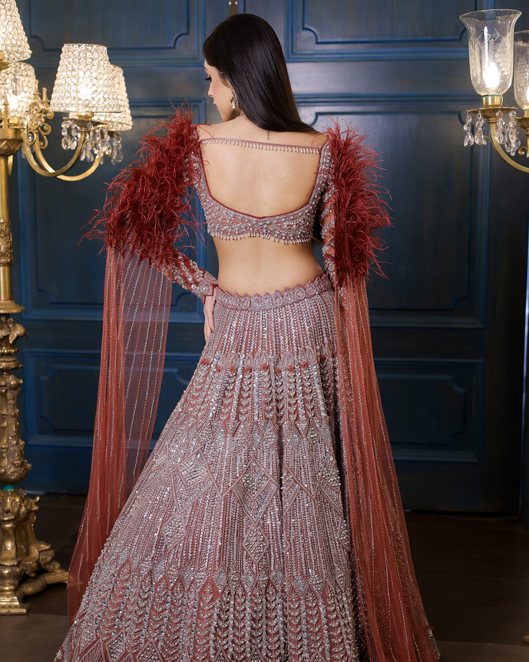 Isa by Dolly Wahal - Peachy Brown Net Cutdana Embroidered Lehenga Set