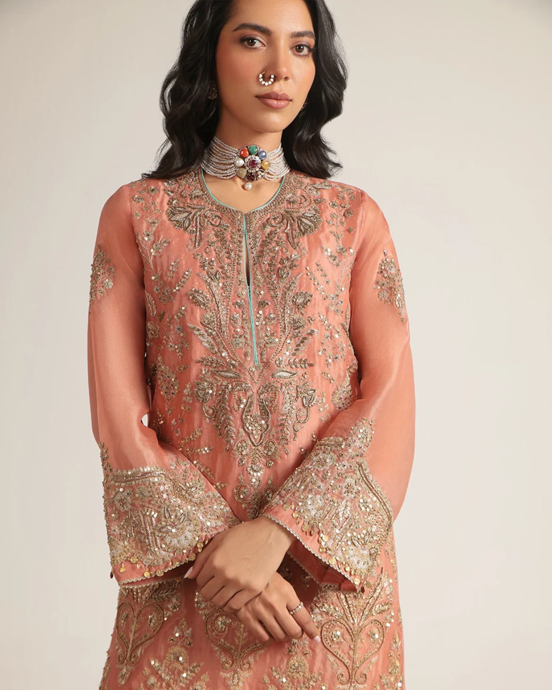 Niti Bothra - Zar-Rang Peach Heavy Jaal Kaftan Set