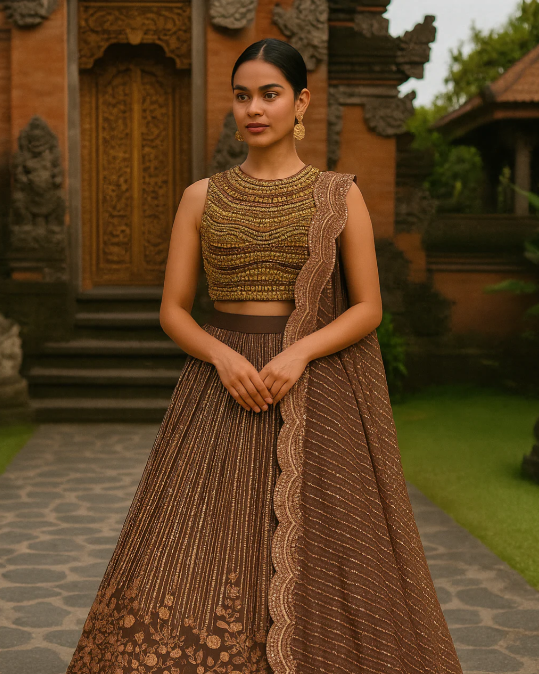 Anisha Shetty - Mocha Embroidered Gold Lehenga Set