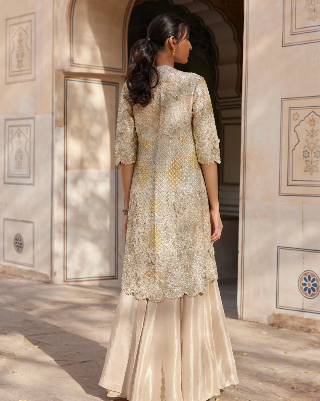Osaa By Adarsh - Beige Champagne Embroidered Open Jacket Set From RASM