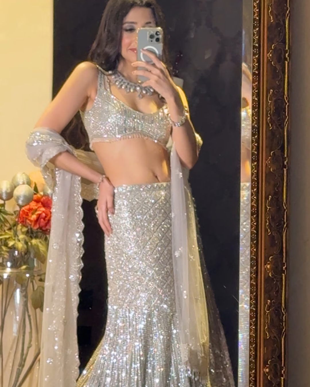 Isa by Dolly Wahal - Silver Serena Fishcut Lehenga From Fiori