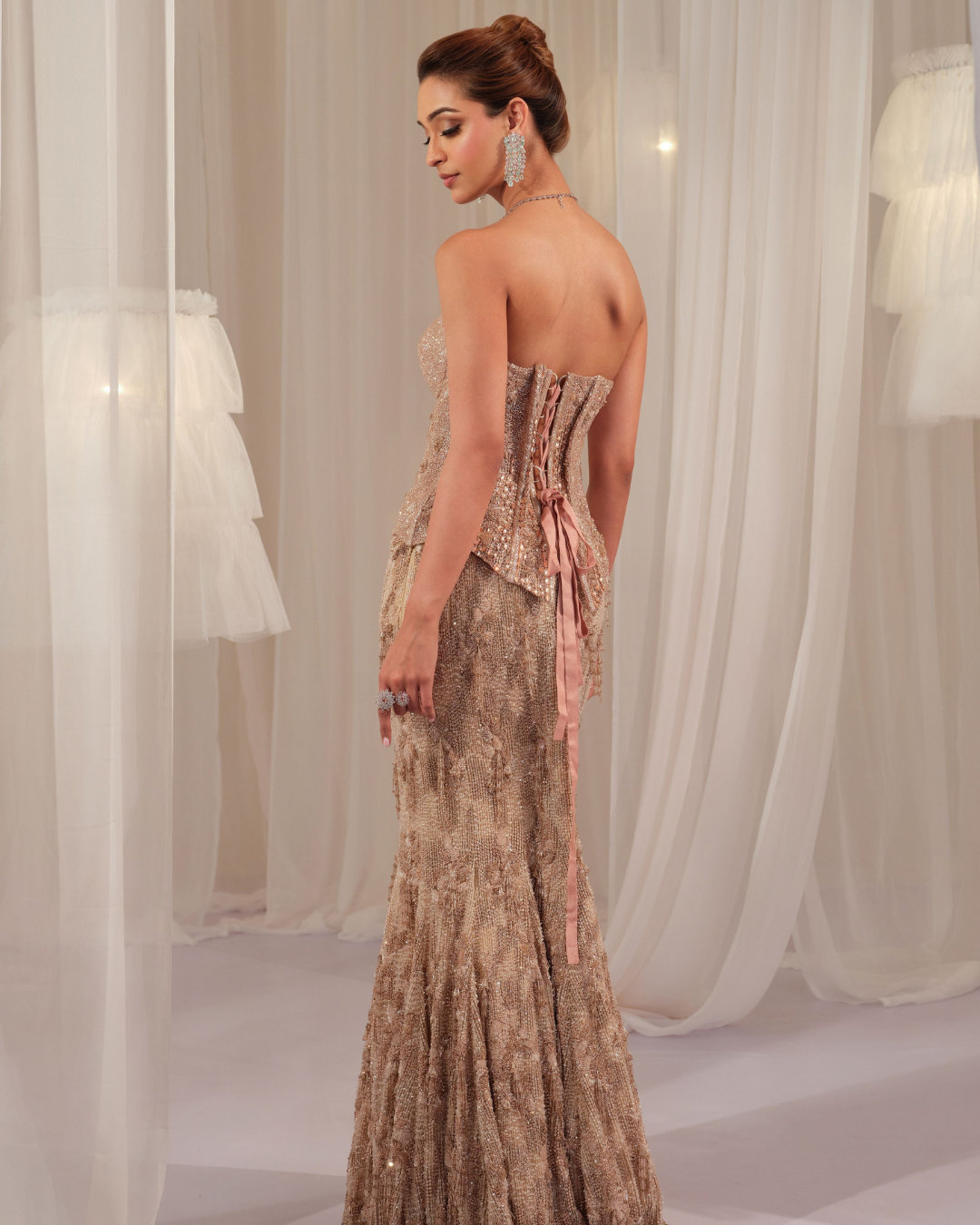 K&A By Karishma And Ashita - Champagne Peach Corset With Fishcut Lehenga From First Love