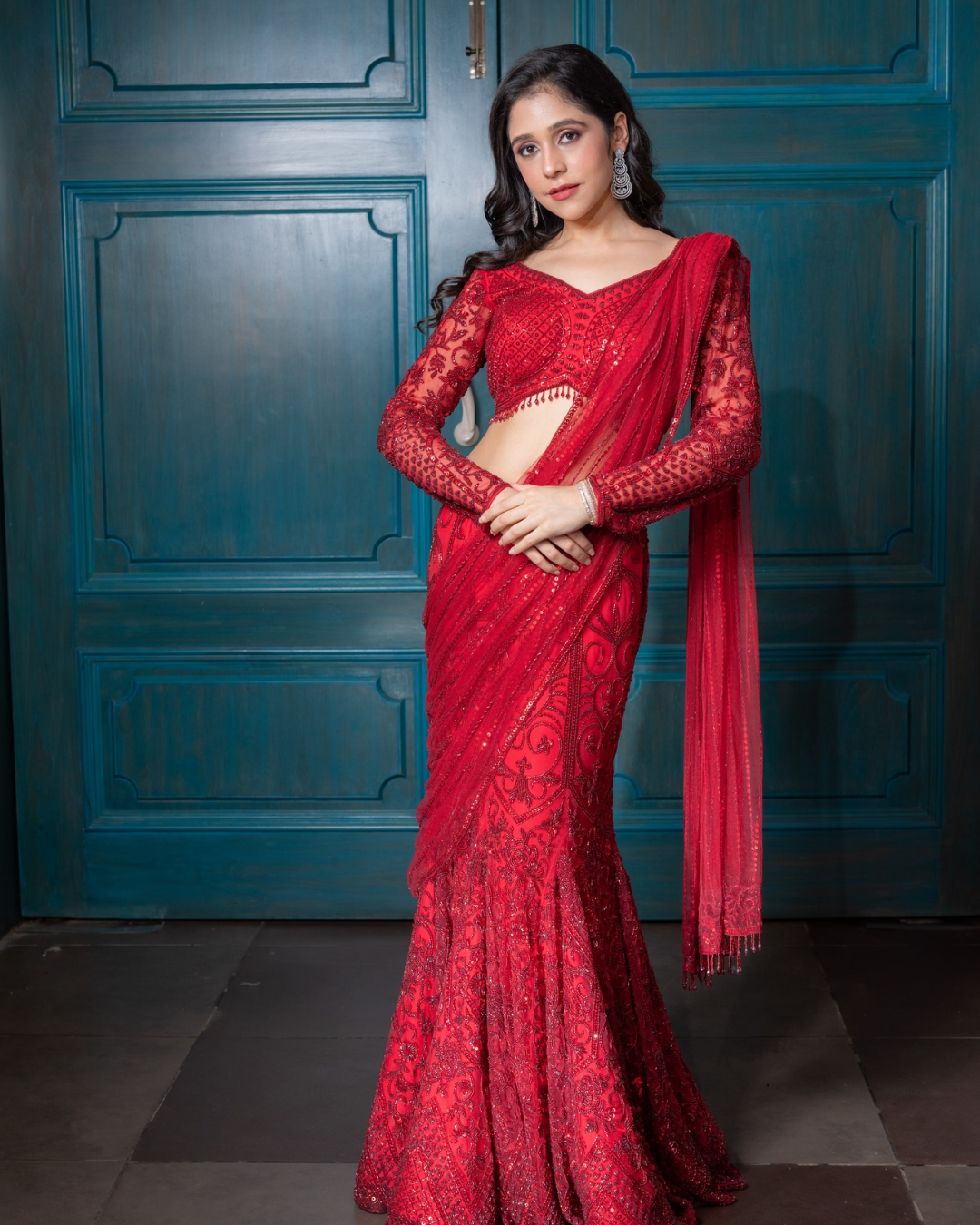 Isa by Dolly Wahal - Deep Red Pre-Draped Saree From Farra