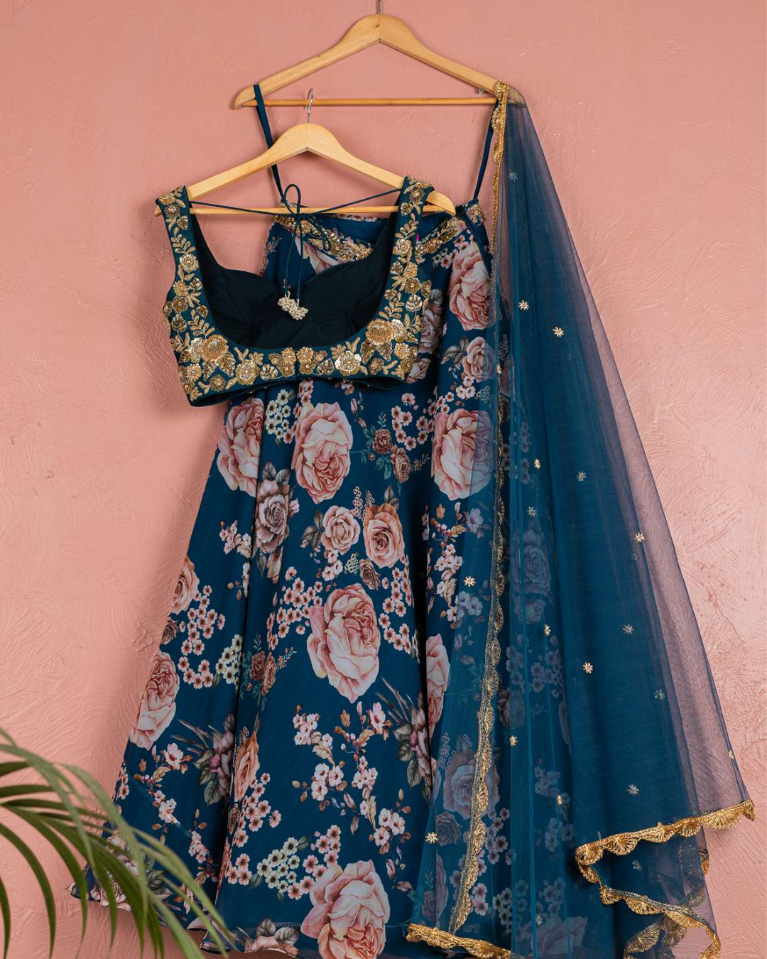 Anisha Shetty - Bahama Blue Floral Georgette Lehenga With Full Embroidered Gold Blouse Set