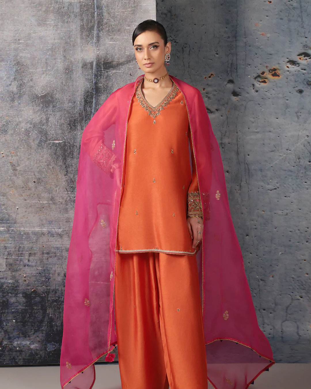Niti Bothra - Mehrang Orange V Neck Short Kurta Set