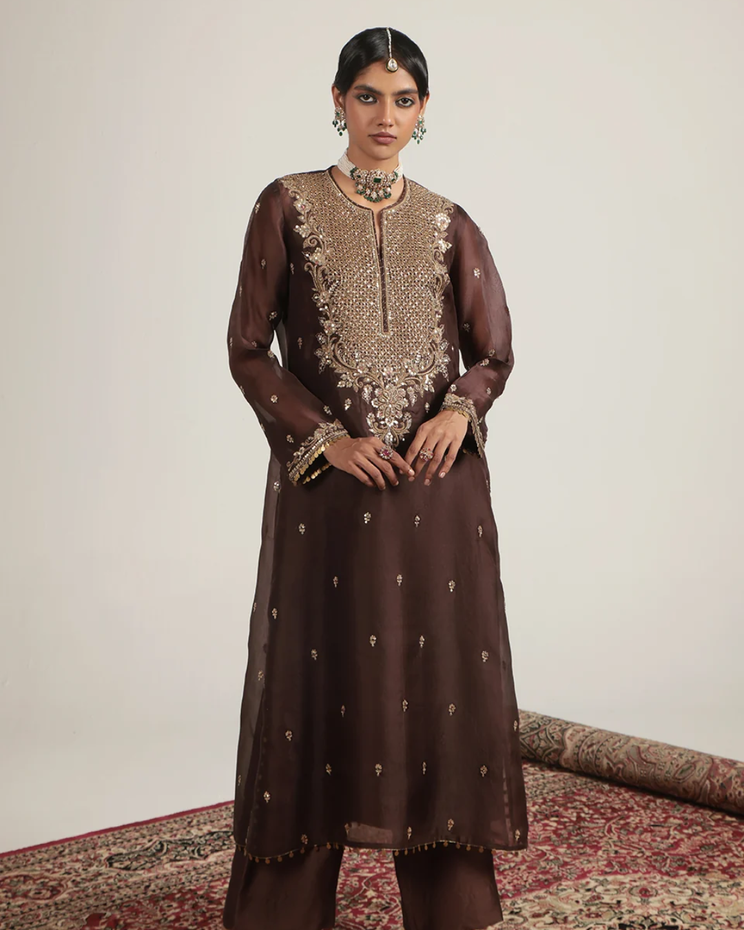 Niti Bothra - Zar-Rang Brown Long Kurta Set