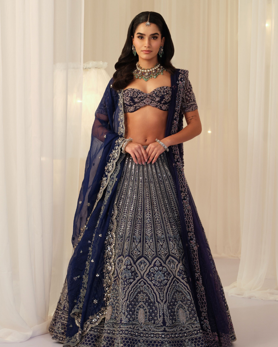 K&A By Karishma And Ashita - Indigo Hand Embellished Blouse With Raw Silk Lehenga & Dupatta From First Love