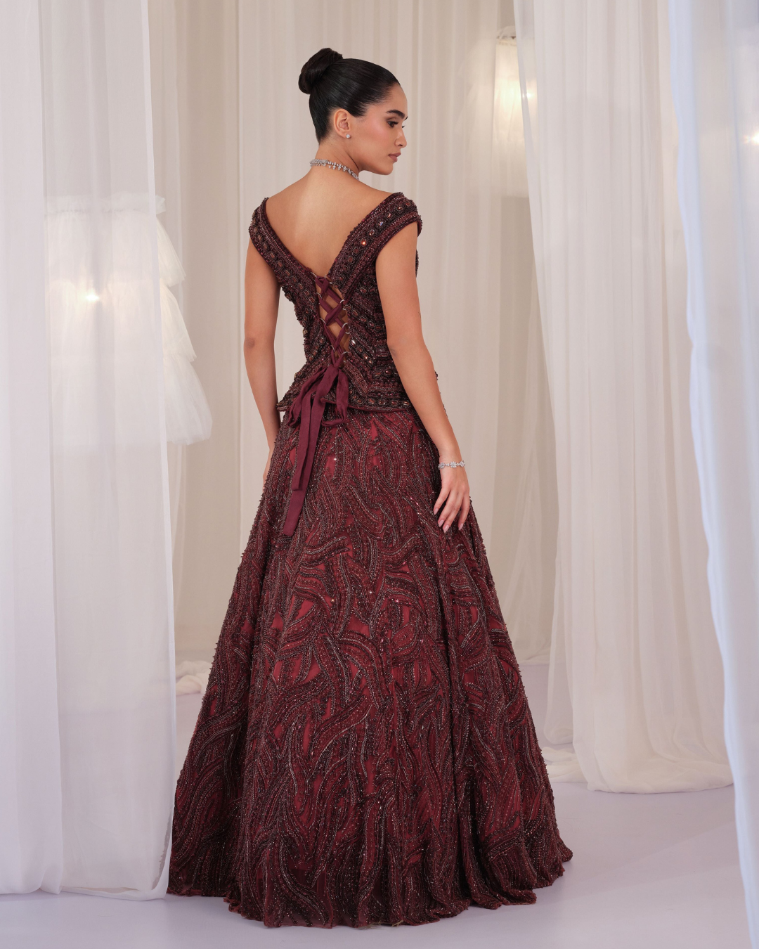 K&A By Karishma And Ashita - Deep Wine Hand Embellished Corset With Lehenga From First Love