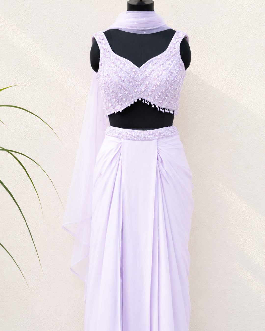 Anisha Shetty - Lilac Sequin And Pearl Blouse With Pleated Skirt And Dupatta