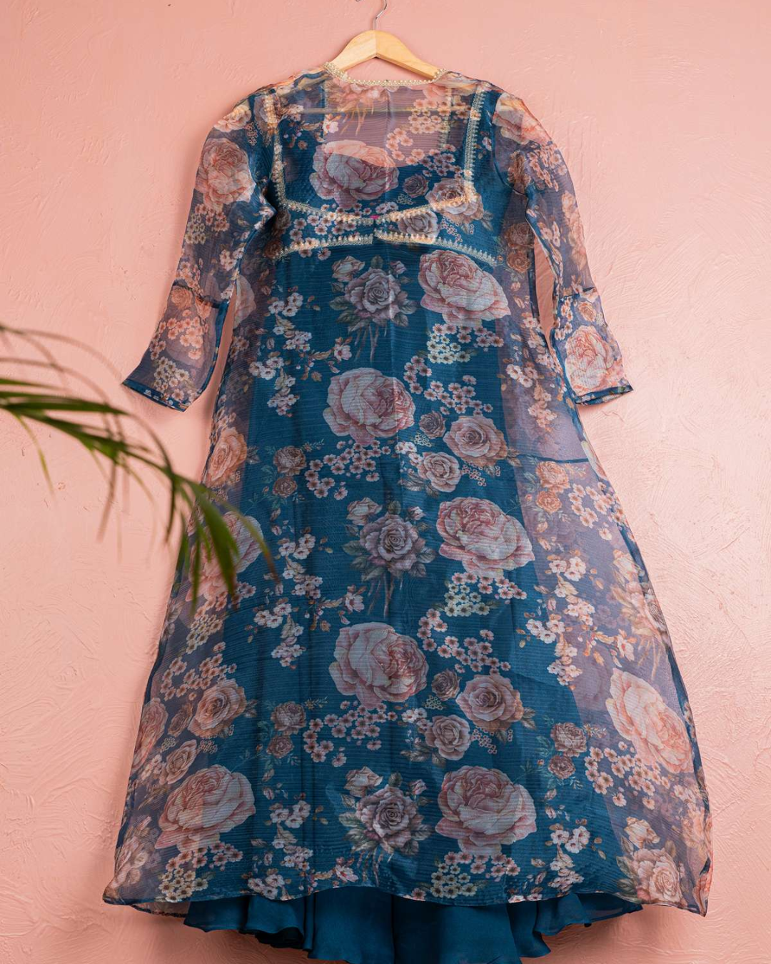 Anisha Shetty - Bahama Blue Sharara With Blouse & Floral Organza Jacket Set