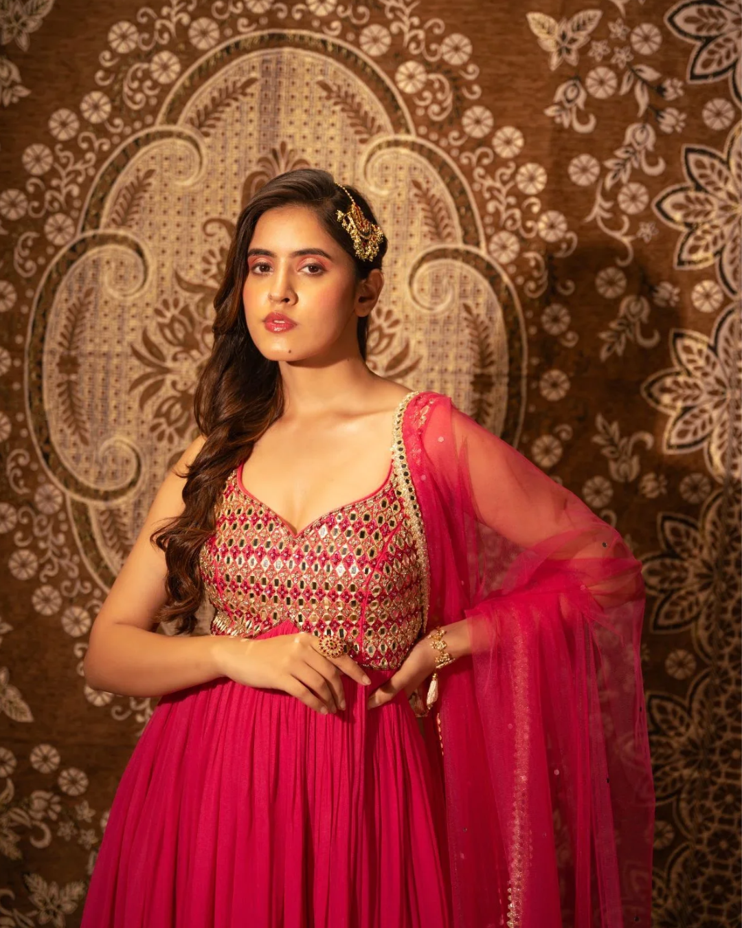 Anisha Shetty - Rasberry Pink Mirrorwork Anarkali With Mirrorwork Dupatta From Rangin