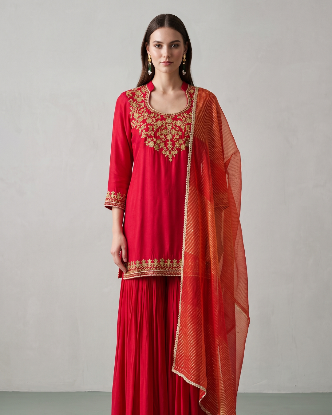 Basanti Kapde Aur Koffee - Red Embroidered Sharara Set From Suits & Shararas