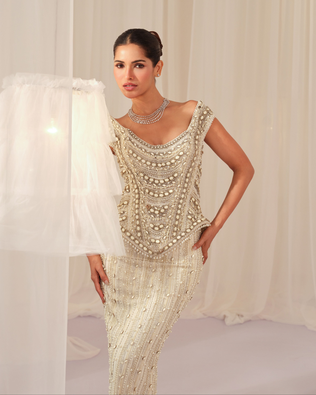 K&A By Karishma And Ashita - White Stone Crystal Corset with Beaded Pencil Skirt From First Love