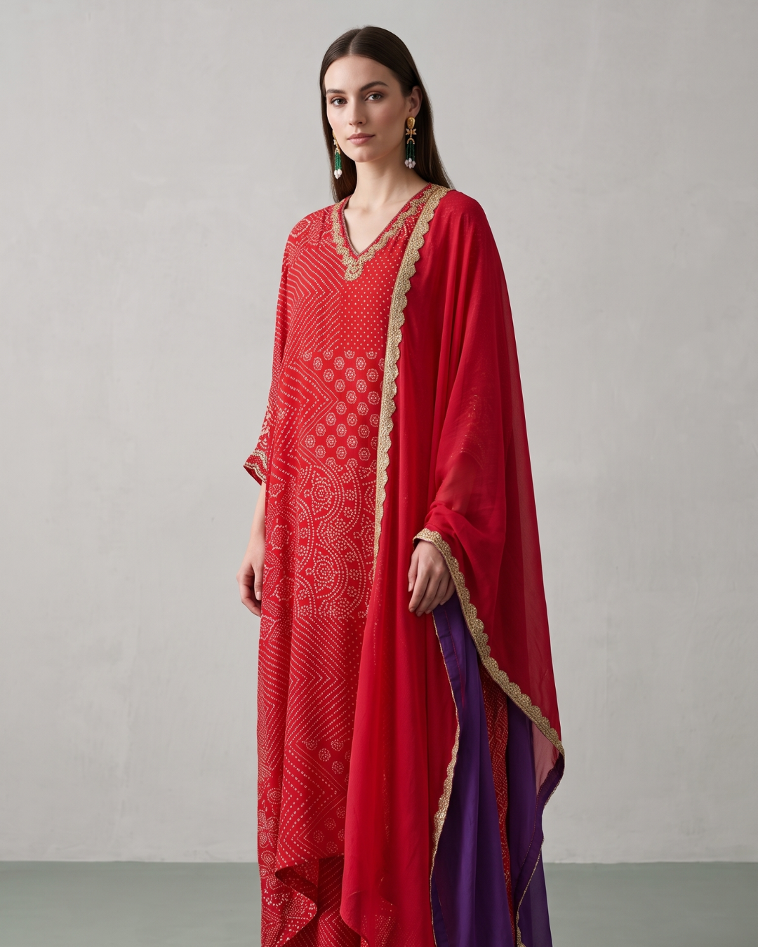 Basanti Kapde Aur Koffee - Red Bandhej Kaftan Set From Suits & Shararas