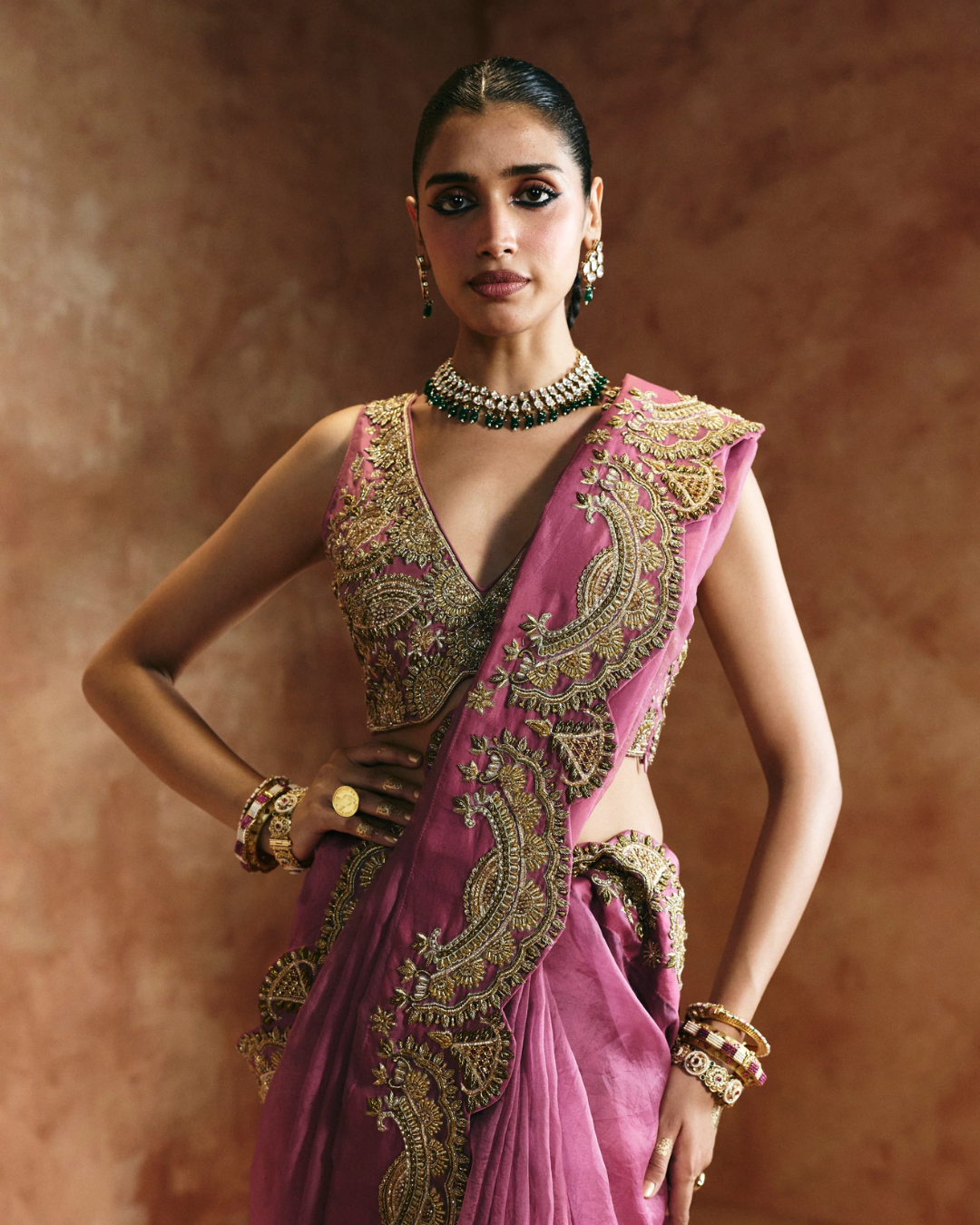 Aman Takyar - Peach & Gold Saree Set From Today's Sindh