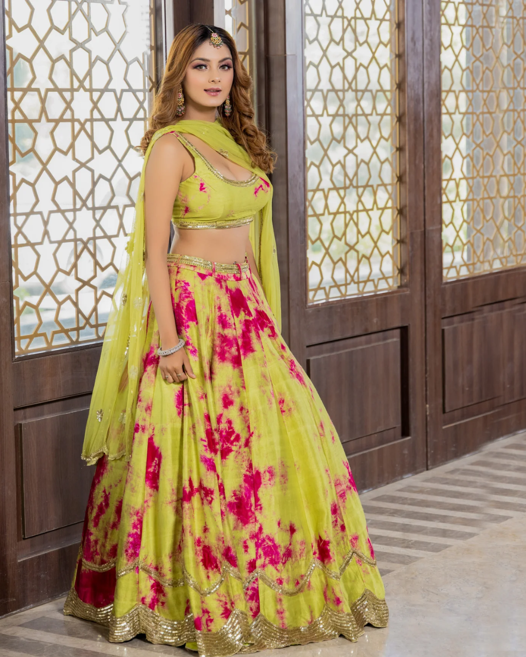 Sonali Bansal - Rani -green tie and dye hand embroidered lehenga set From Phiroza