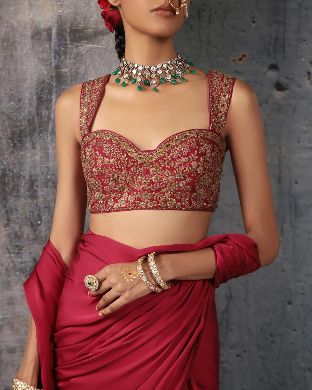 Niti Bothra - Zar-Rang Maroon Heavy Fringe Saree Set