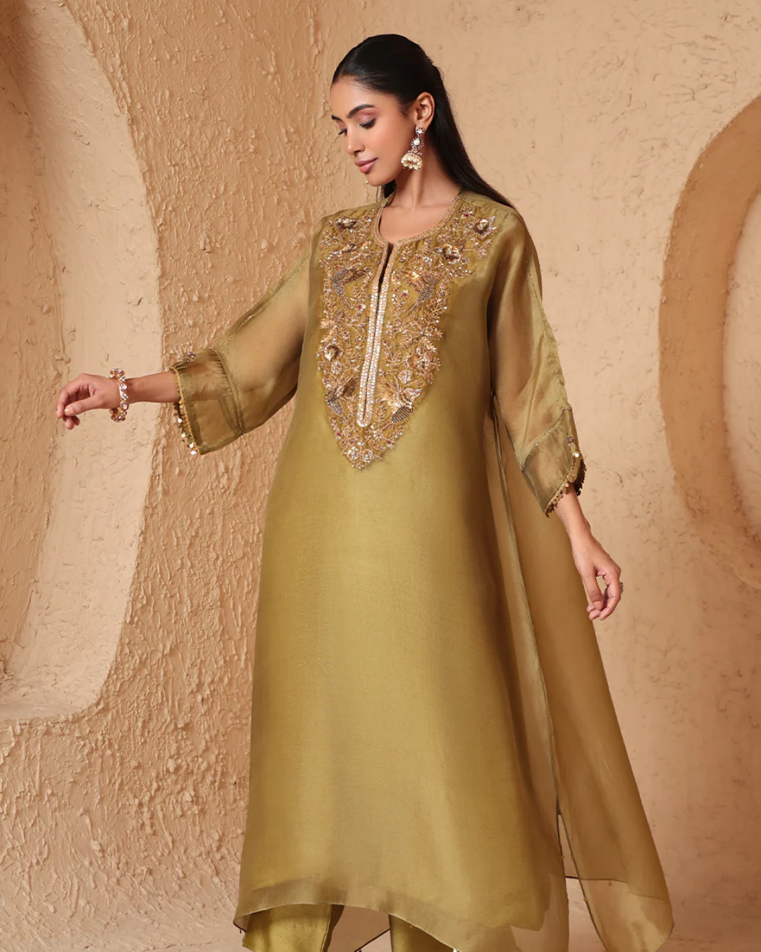 Niti Bothra -  Mehrang Olive Green Kaftan Kurta Set