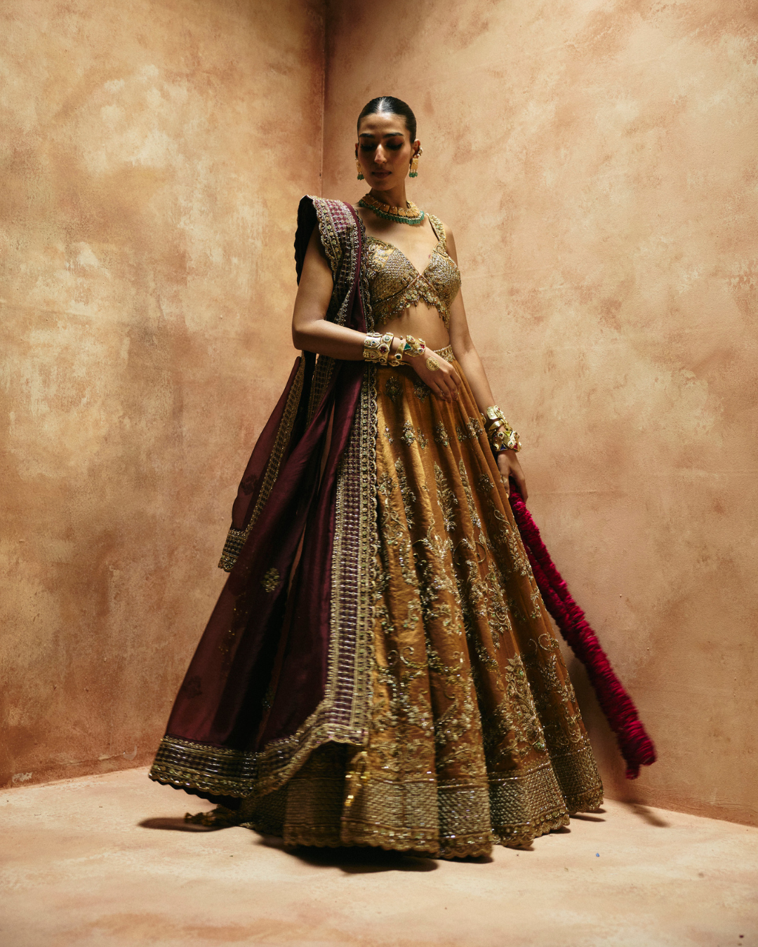 Aman Takyar - Copper Gold Tissue Lehenga Set From Today's Sindh