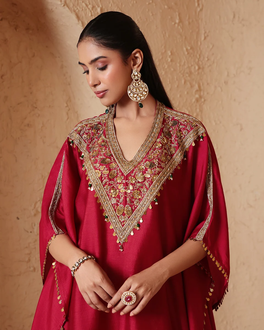 Niti Bothra - Zar-Rang Maroon V Neck Kaftan Set