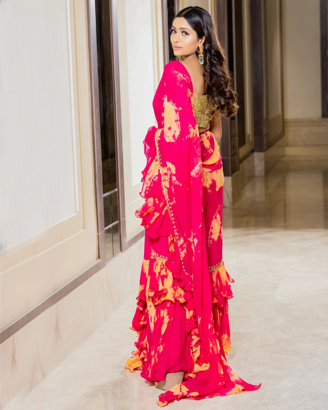 Sonali Bansal - Zareen -Rani pink tie and dye drape saree with gold sequin blouse From Phiroza