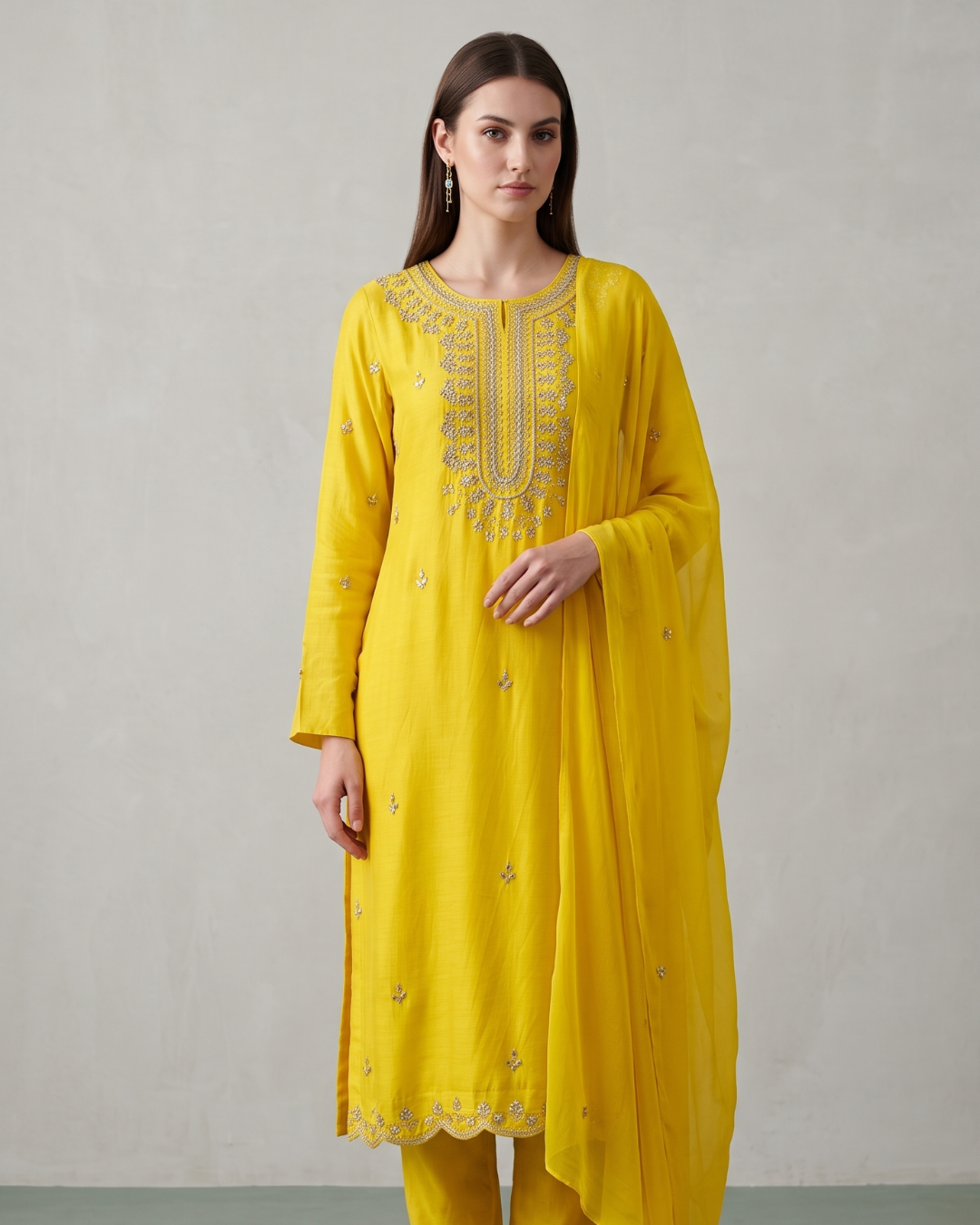 Basanti Kapde Aur Koffee - Mustard Embroidered Suit Set From Suits & Shararas