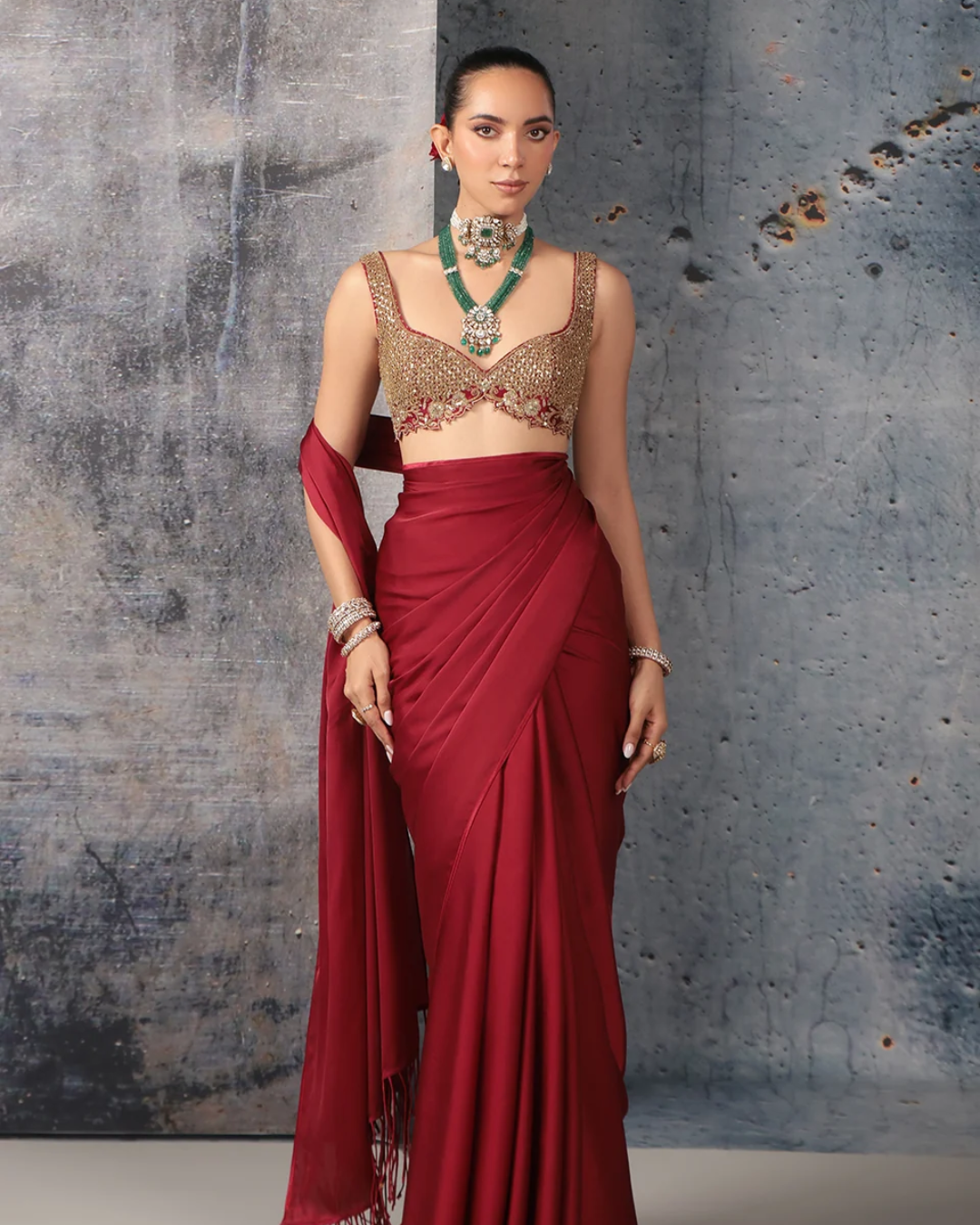 Niti Bothra - Zar-Rang Maroon Fringe Saree Set