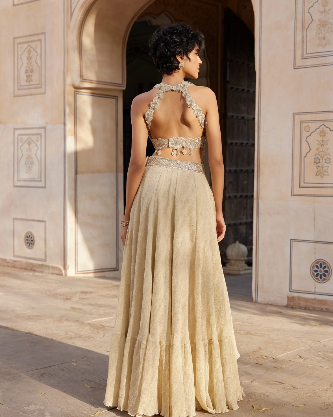 Osaa By Adarsh - Beige Champagne Embroidered Top and Frill Skirt From RASM