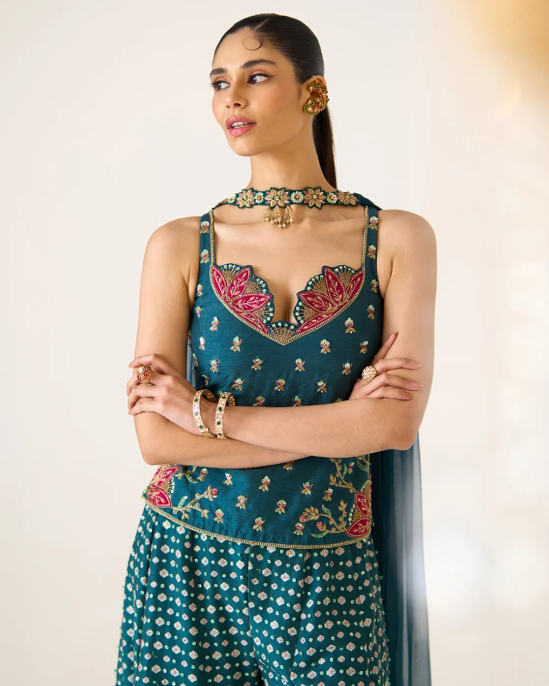 Prevasu - Teal Printed Divided Skirt Set From Gulabo
