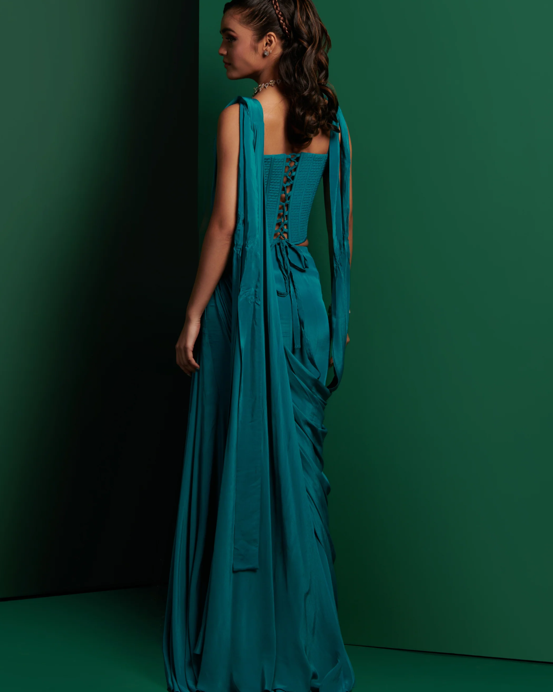K&A by Karishma and Ashita - Teal green longline corset and drape From Barre Oblique