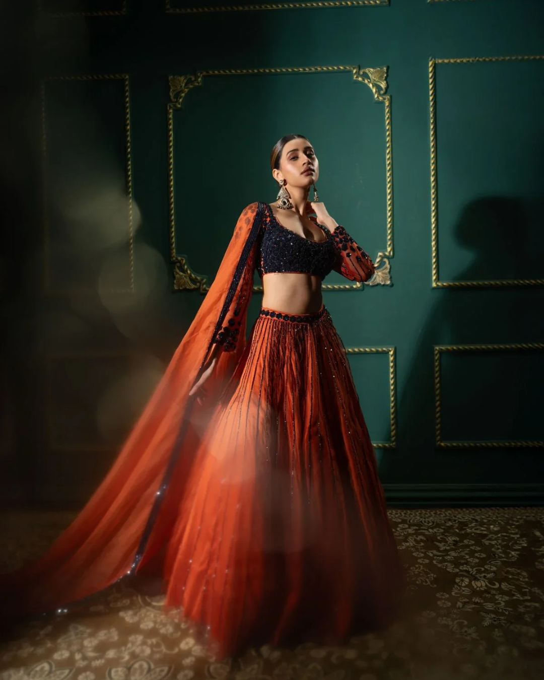 Anisha Shetty - Rust Organge Sequin Lehenga Set From Rangin