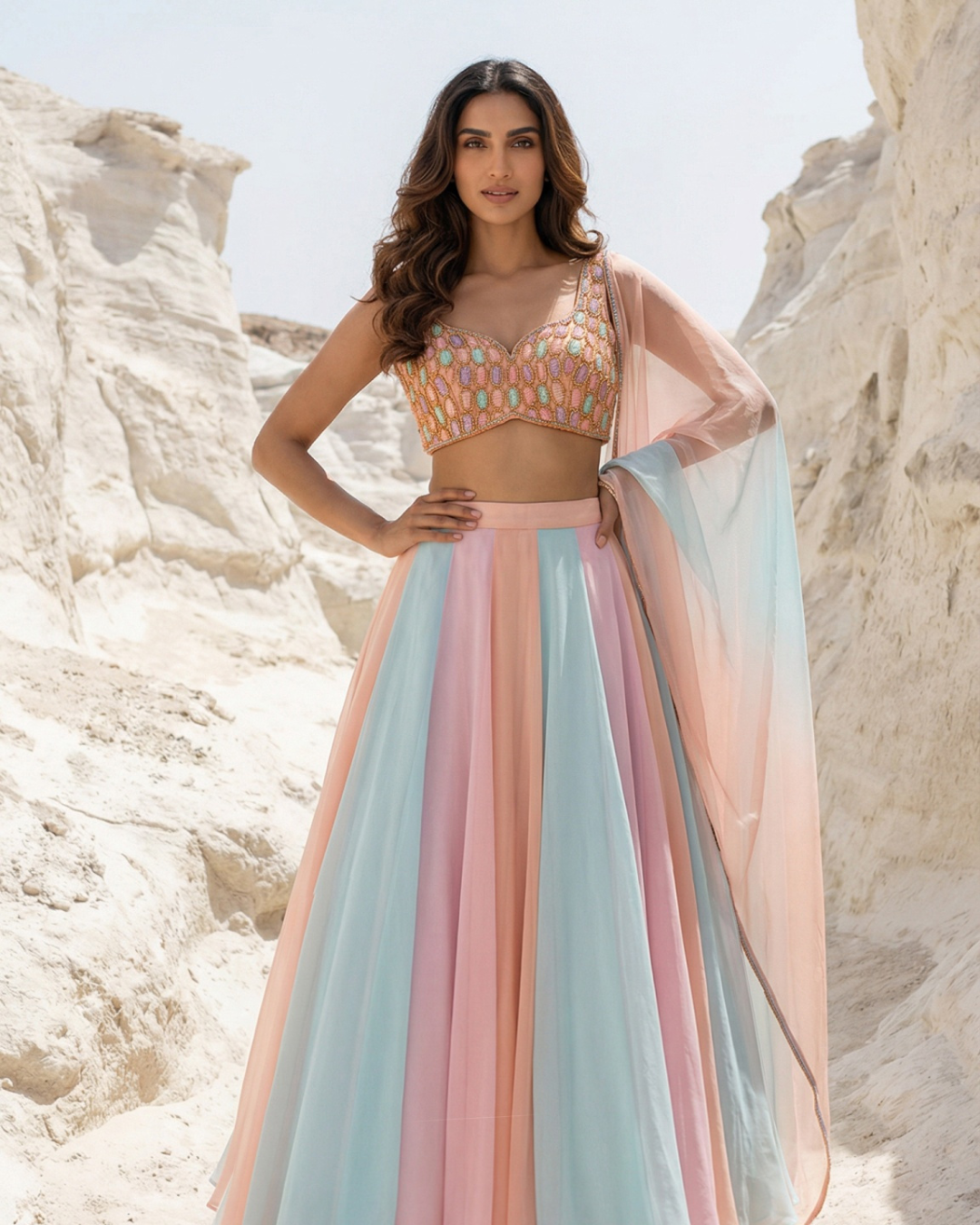 Anisha Shetty - Peach Oval Multicolour Cutdana Blouse With Multicolour Lehenga Set