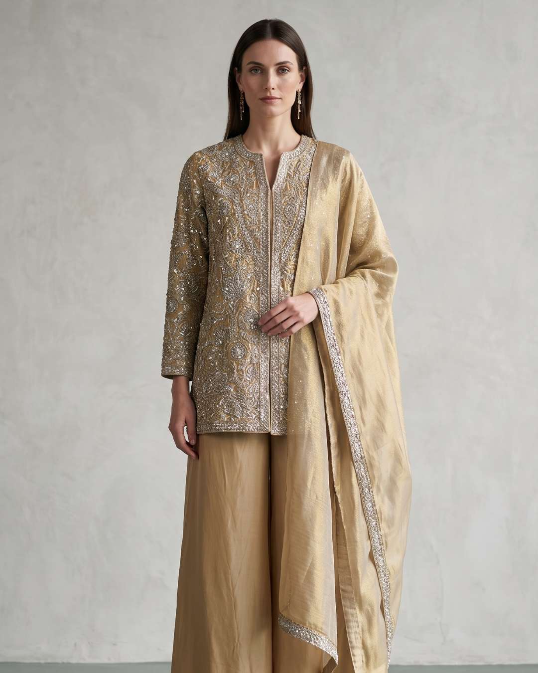 Basanti Kapde Aur Koffee - Gold Embroidered Palazzo Set From Suits & Shararas