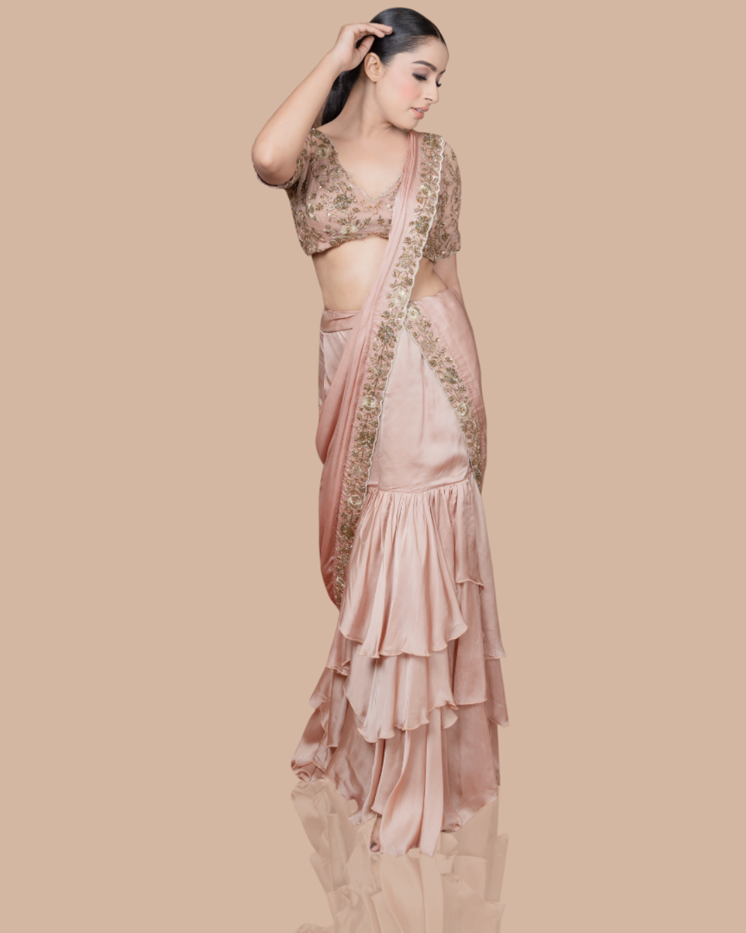 Sonali Bansal - Golden skirt saree with hand embroidered blouse and drape From Wedding Capsule