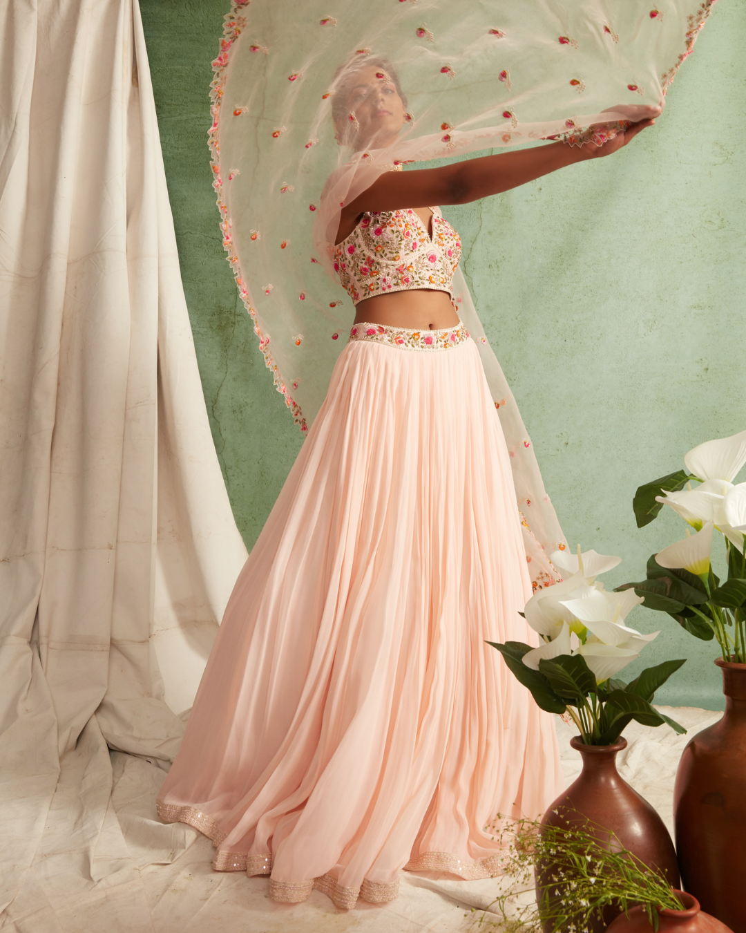 Priyanka Jain - Pink Skirt/Crop Top With Organza Dupatta From Love Of Tomorrow