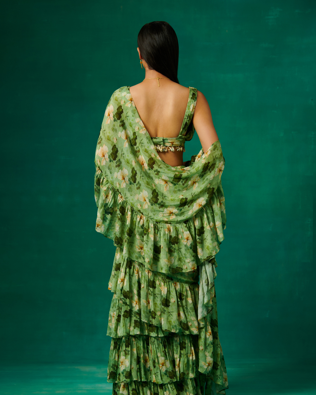 Sonali Bansal - Green floral print drape saree with ruffles and plunge V neck blouse From Bageecha