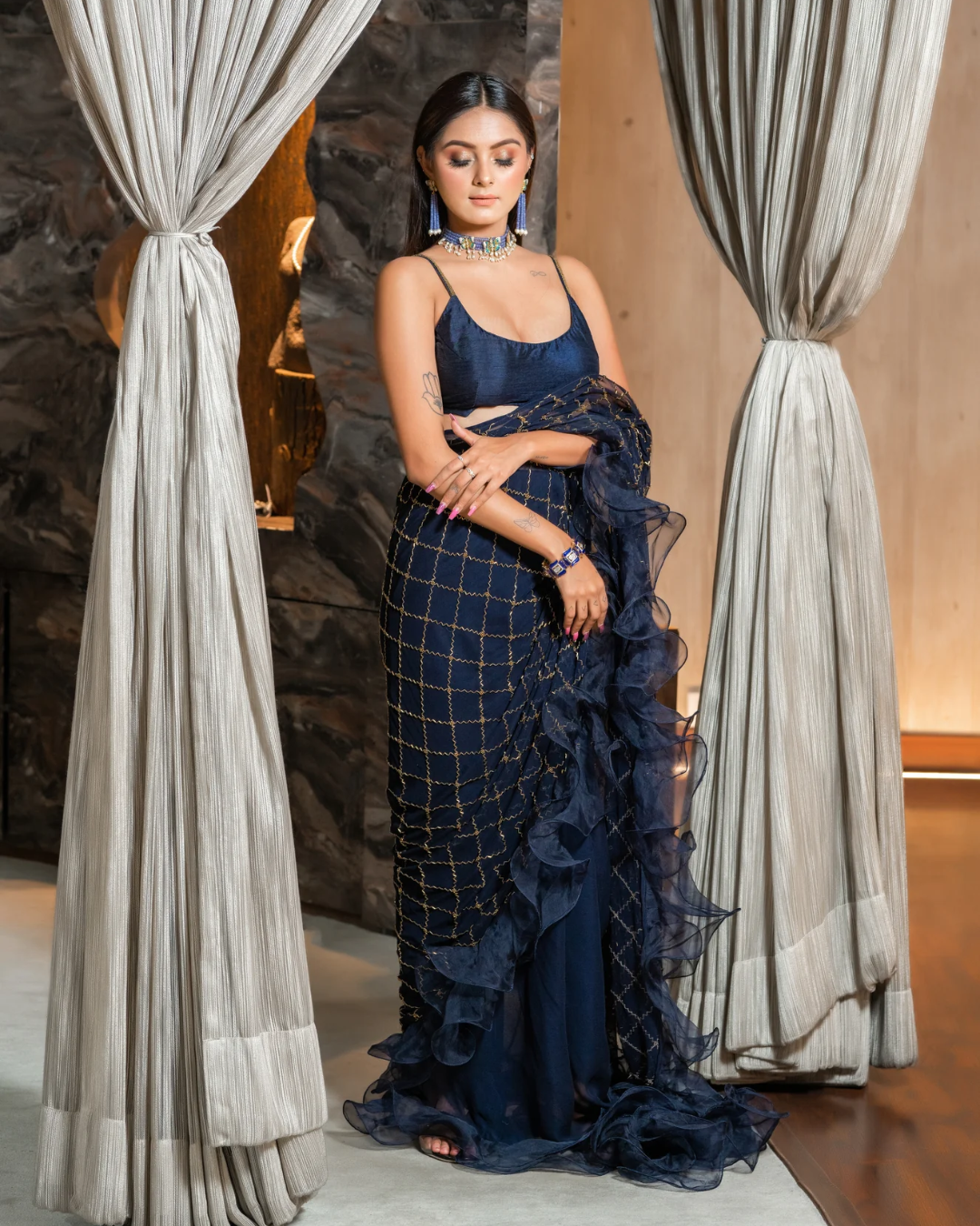 Sonali Bansal - Navy blue drape saree with ruffles and blouse From Romanticise
