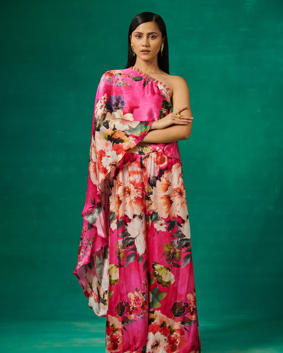 Sonali Bansal - Pink floral print high low cape with pants From Bageecha