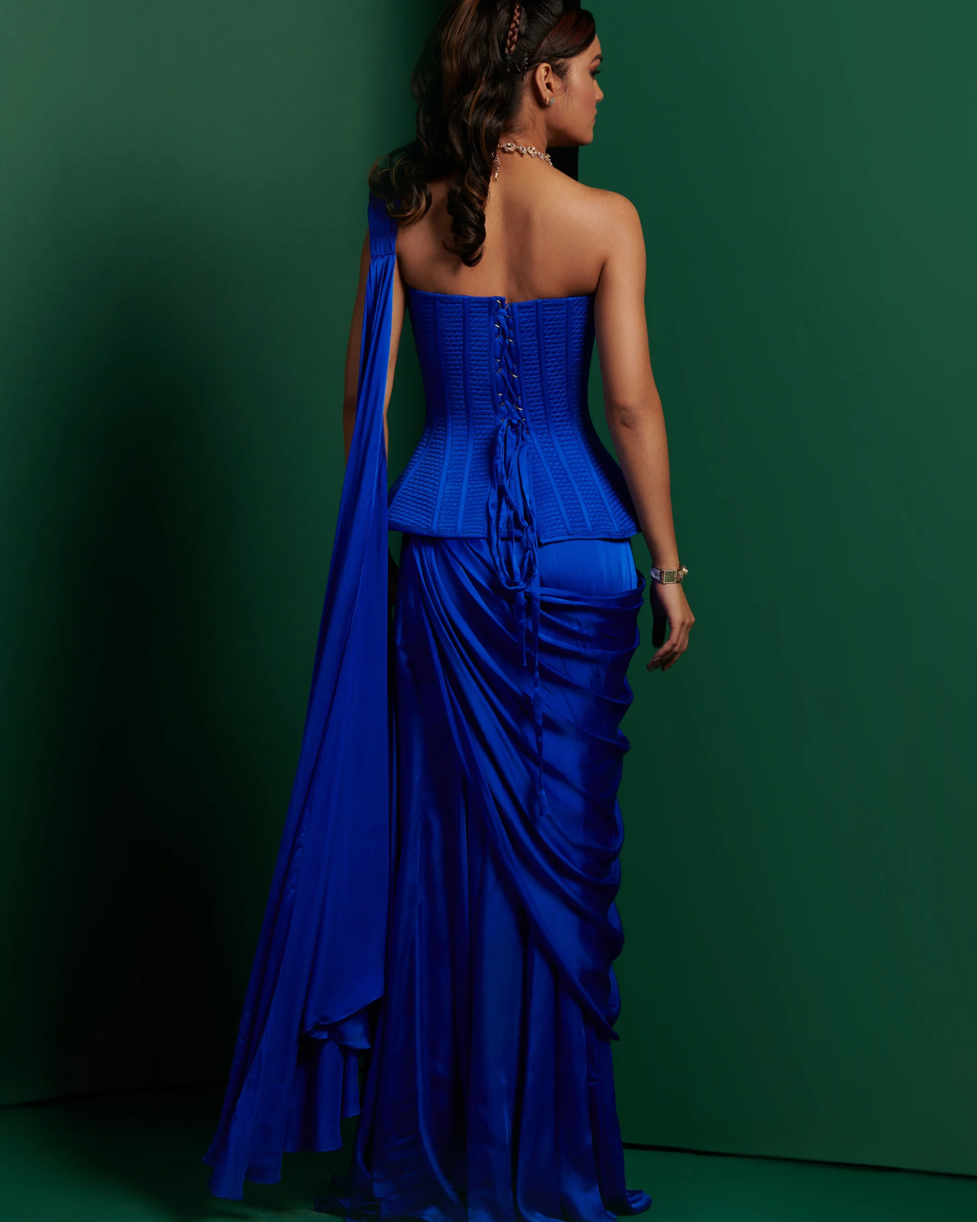 K&A by Karishma and Ashita - Electric blue victorian corset and drape From Barre Oblique