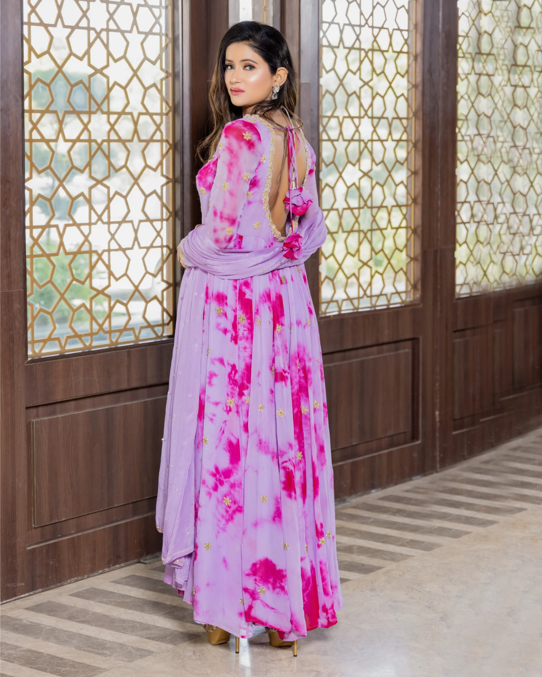 Sonali Bansal - Bulbul -Mauve tie and dye hand embroidered anarkali set From Phiroza