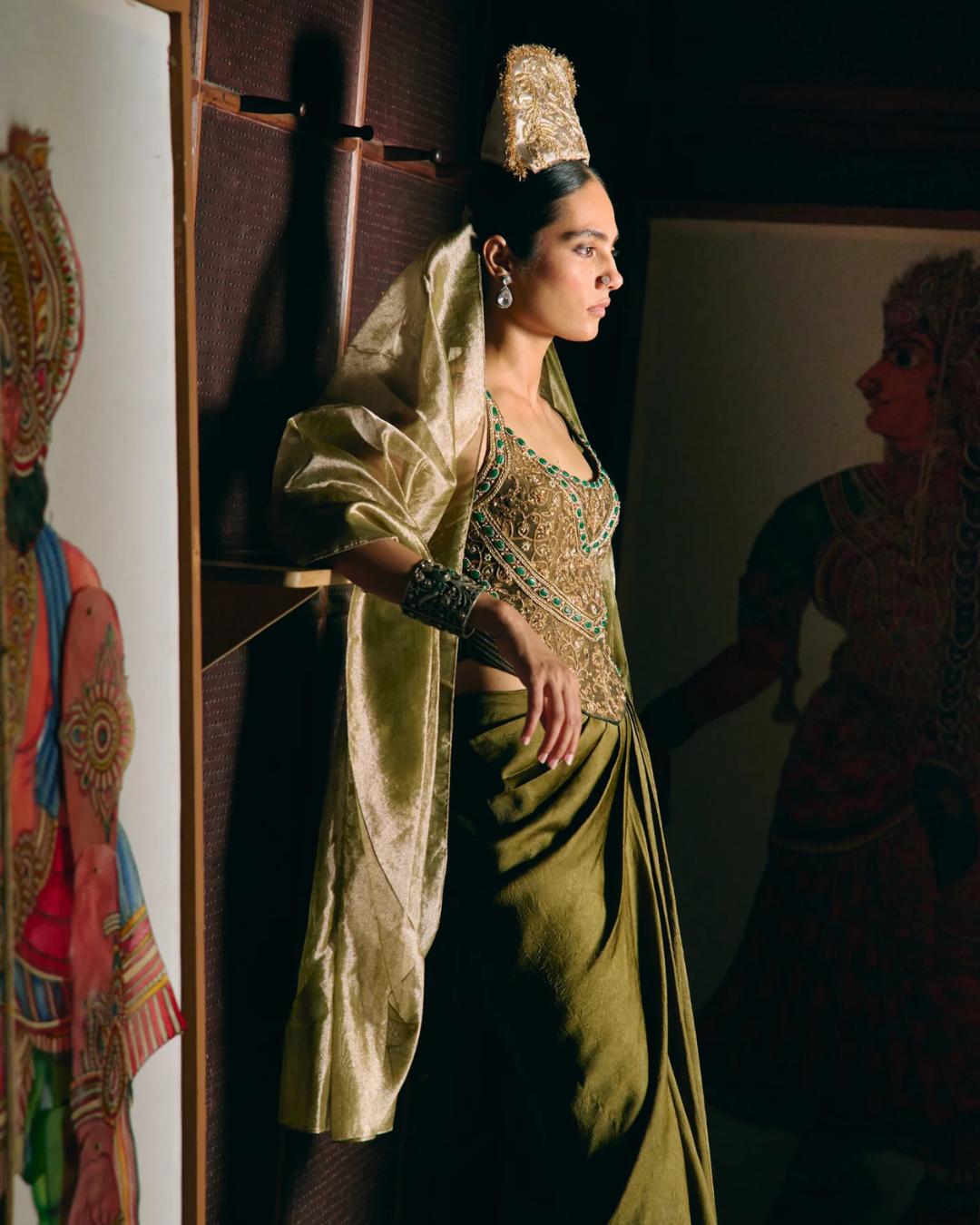 Aditi Gupta - Dyuti Olive Green Corset With Drape From Chitrakatha