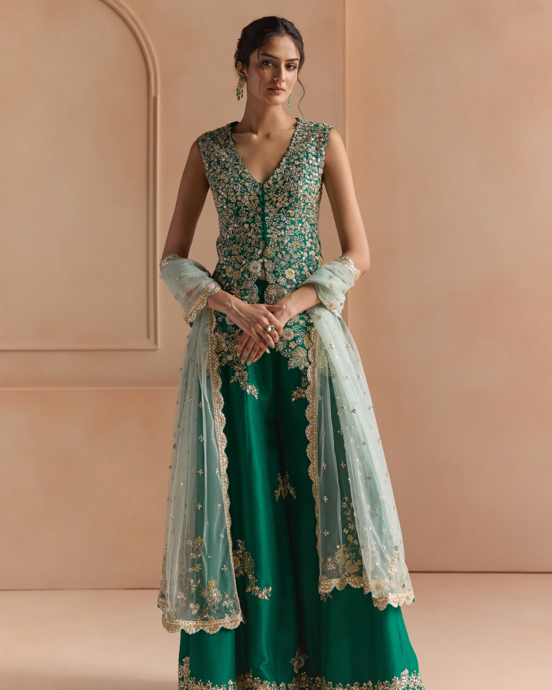 Osaa By Adarsh - Jewel Green Embroidered Peplum Garara Set From Off The Record