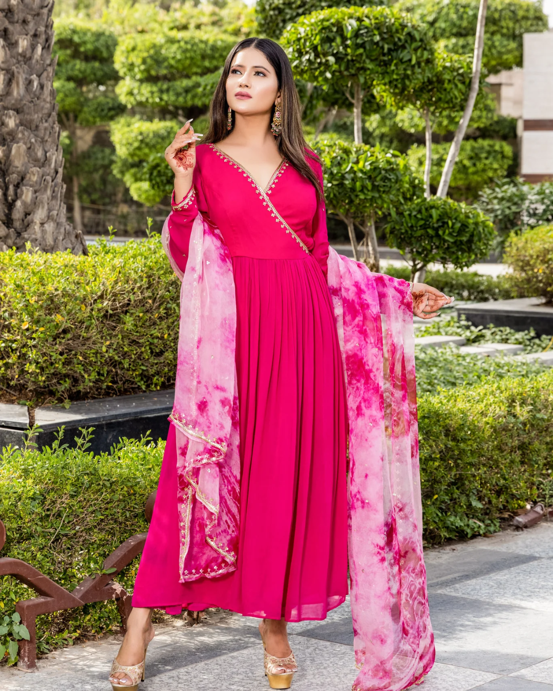 Sonali Bansal - Angana -Rani pink angrakha suit with tie and dye dupatta From Phiroza